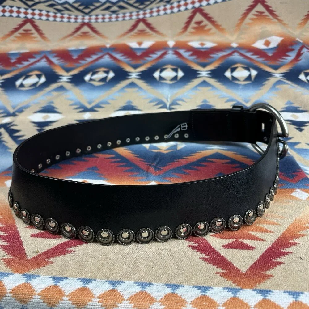 Brave Wide Leather Hip Belt Black Metal Medallions Canada Sz 38 Waist 37-41”